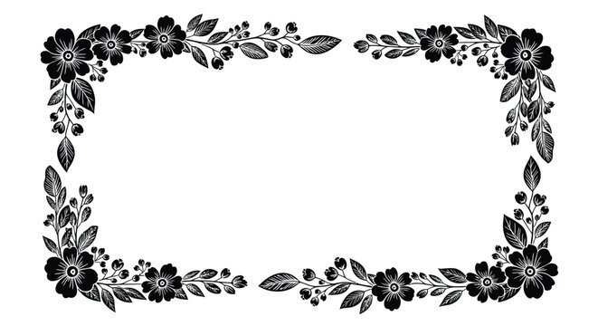 Black floral border, rectangular frame, monochrome flowers, leafy decorative edge, empty template