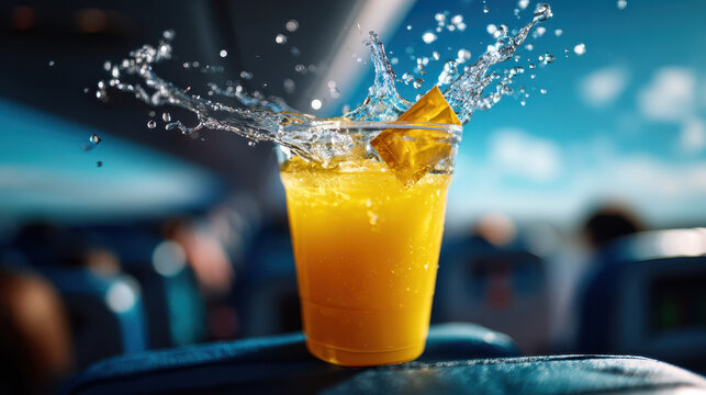 Travel rehydration mango electrolyte drink splashing in a clear plastic cup for refreshment ad and beverage banner