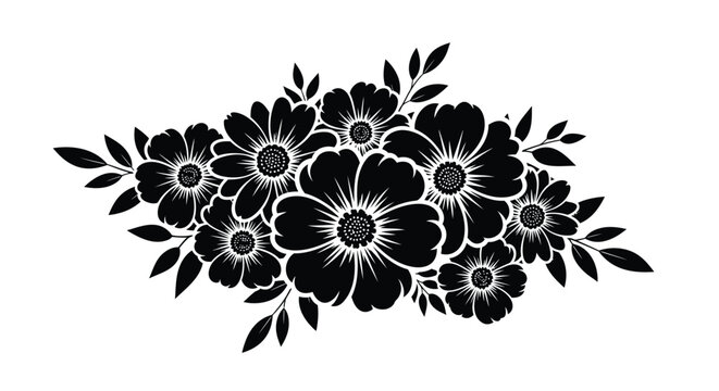 Black floral bouquet, flower arrangement, botanical illustration, decorative border, vector graphics