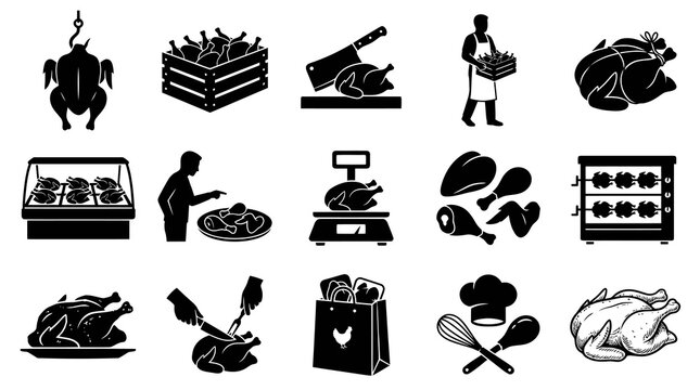 Poultry and Chicken Food Industry Glyph Icons Set. Black  White Butcher Shop, Fresh Meat, Roasting, and Cooking Symbol Collection.