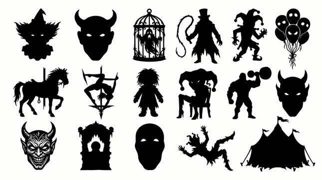 Dark Circus Haunted Carnival Halloween Black Silhouette Vector Set with Clowns, Demons, and Spooky Characters