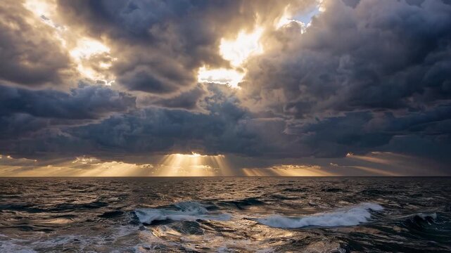 Dramatic ocean waves under a stormy sky with sun rays. Golden light breaking through dark clouds over the sea. Powerful nature landscape