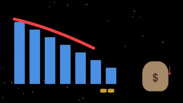 Financial loss and economic decline concept with falling red arrow, decreasing bar chart, and money bag on black background.