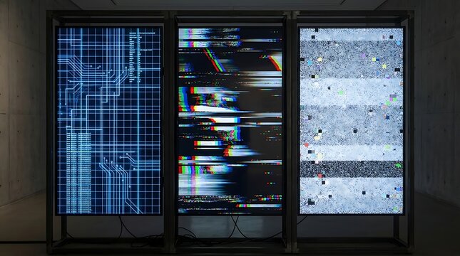 Three vertical screens with abstract digital patterns and static abstract technology electronic