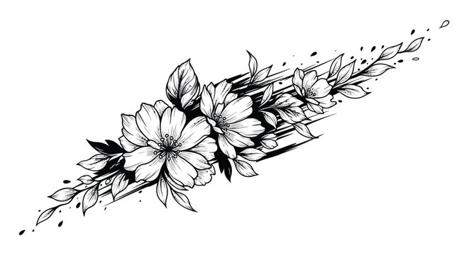 Black and white floral design, tattoo style flowers, botanical illustration, decorative border