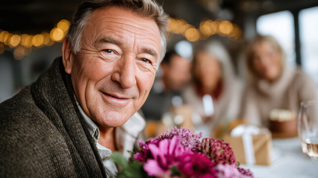 Elderly man receiving flowers at dining table, joyful moment with family gathering