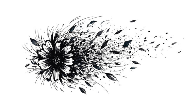 Black floral explosion, abstract flower petals, blowing away, monochrome illustration, decorative elements