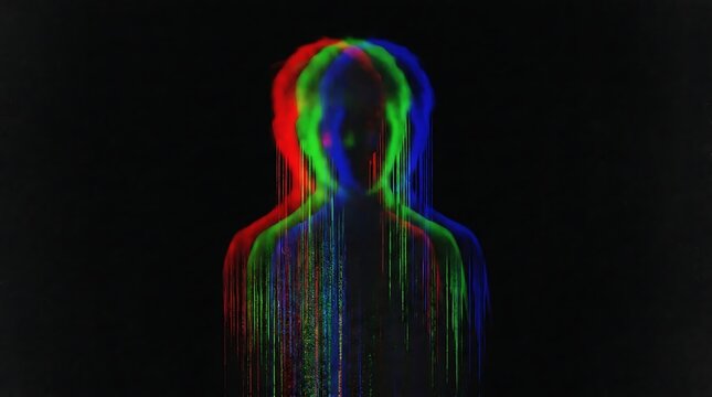Glitching silhouette of a human figure with red green blue chromatic aberration effect silhouette