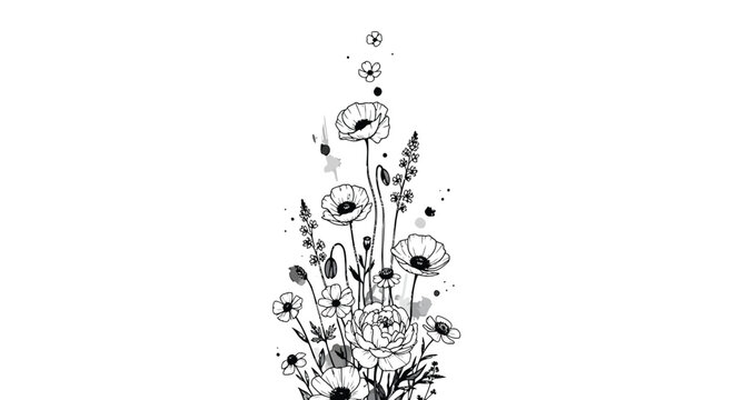 Black and white mushroom, floral, botanical illustration, vector graphics