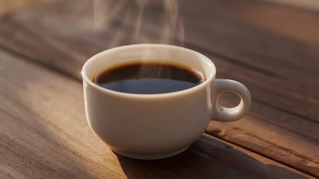 Steaming hot black coffee in a white ceramic cup on a rustic wooden table. Morning sunlight illuminating a fresh warm beverage