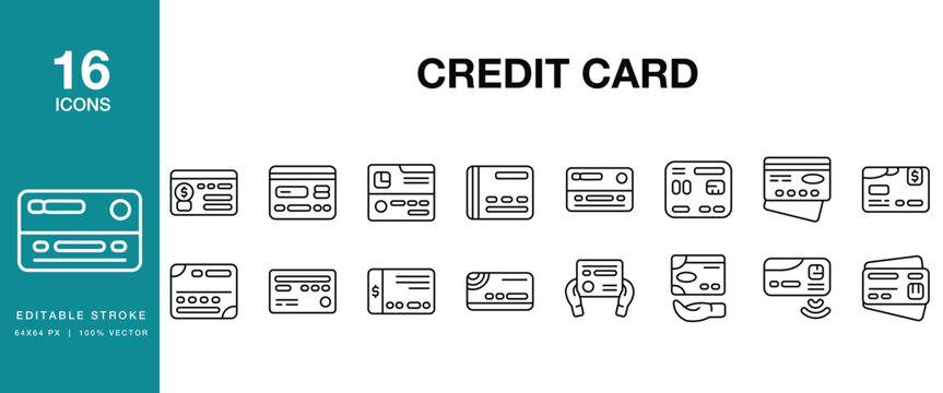 Credit Card icon set. Includes credit, card, payment, finance, banking, transaction, money and More. Editable Stroke Icon Collection.