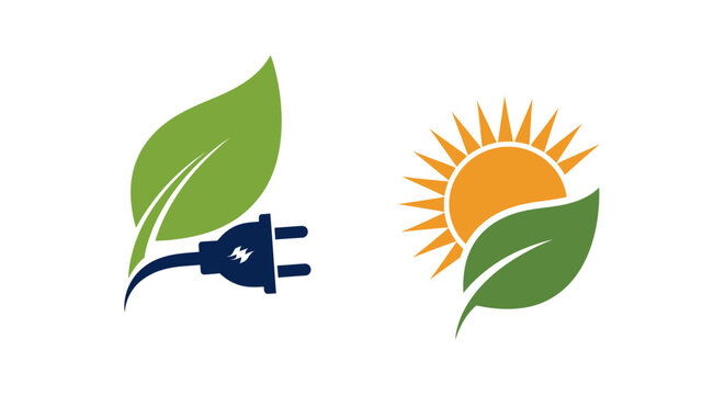 Collection of eco-friendly energy logos illustrating sustainable power solutions with a green leaf and electric plug for clean electricity and a sun with a leaf for solar renewable resources