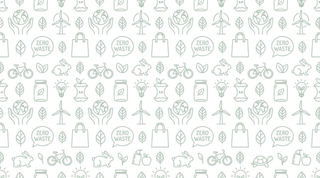 Pattern background features a collection of eco-friendly line icons representing zero waste lifestyle.