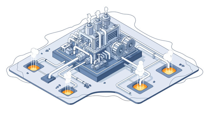 Isometric illustration of a power plant with steam rising from four chimney-like structures