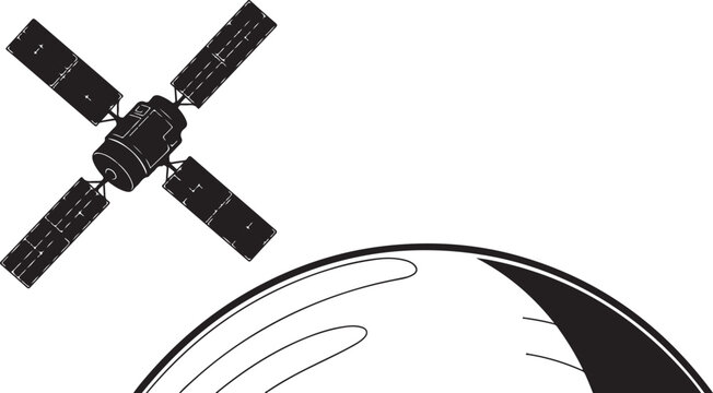 Satellite orbiting above the earth's surface in black and white illustration Vector, illustration