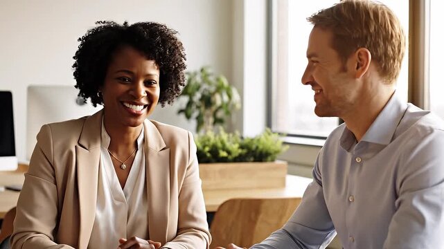 Diverse man and woman have pleasant conversation. They are smiling and laughing in bright office environment. Ideal for business, teamwork, and recruitment marketing.