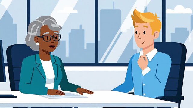 An elderly female manager interviews a young male candidate in a modern office with a city view. Professional and friendly atmosphere. Ideal for HR, recruitment, and career growth themes.