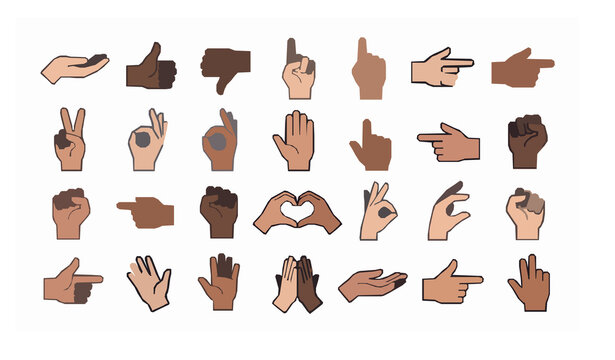 Various hand gestures and positions flat vector illustration set isolated on white background