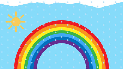 Naklejka premium Rectangular summer background. Rainbow, sun, clouds, and rain on a blue background. Vector illustration. Rainy weather. Horizontal banner for sales and discounts. Hand-drawn illustration.