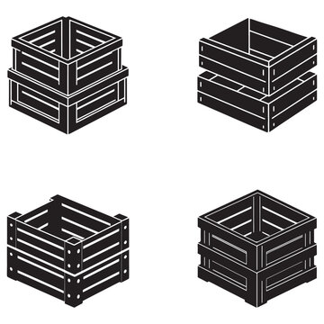 Collection of wooden crate designs for packaging and storage solutions  various views of empty crates