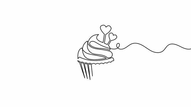 Cupcake with double hearts continuous line drawing animation for romance