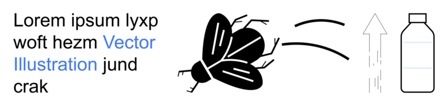 Sustainability, waste management, pest control, eco-friendly design, pollution awareness, recycling. Black fly with motion lines near a plastic bottle. Sustainability and recycling concept