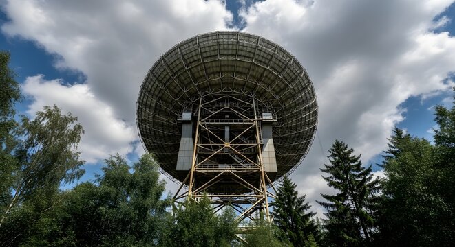 Massive radio telescope dish rising above trees under cloudy sky