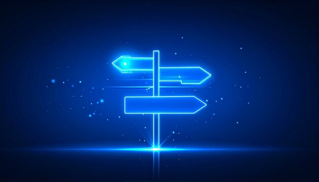 Neon signpost with arrows symbolizing futuristic digital decision choices