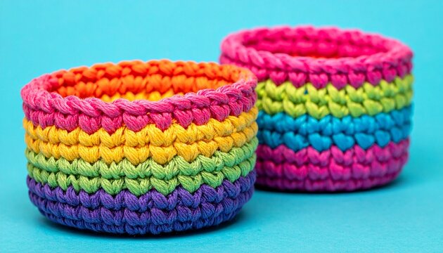 Colorful crocheted baskets with rainbow stripes on blue background