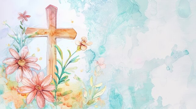 First communion watercolor cross with flowers and pastel floral background for invitation card template and ceremony design. Copy space. Frame for wedding or birthday. Happy Easter