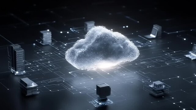 Digital infrastructure connecting to glowing abstract data cloud
