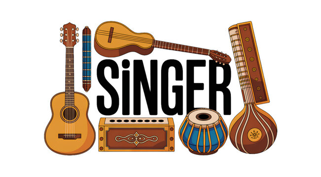 Vintage sewing machine with musical instruments and singer text logo design Vector