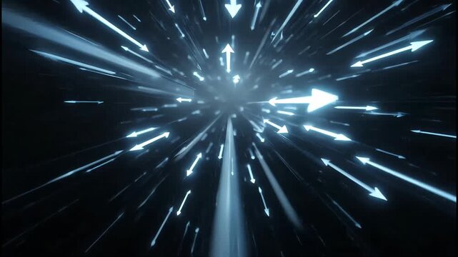 Blue arrows streaking through dark, blurry tunnel, light trails emanating