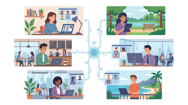 Global remote team collaboration infographic showing diverse people working from various locations connected by a central network for modern flexible work lifestyle.