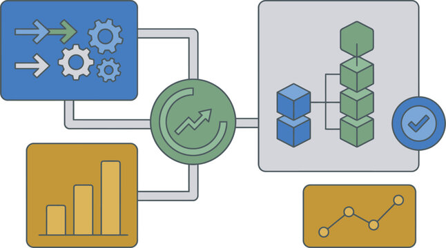 Business process management system flowchart diagram illustrates workflow efficiency with interconnected charts and graphs