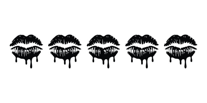 Five black lips with dripping effect on white background mouth liquid