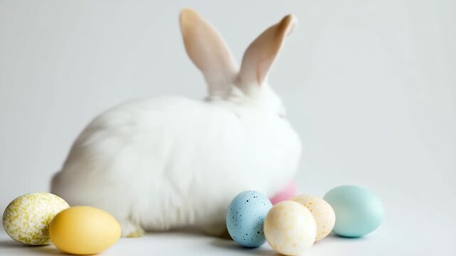 White rabbit sitting on white background with pastel speckled easter eggs