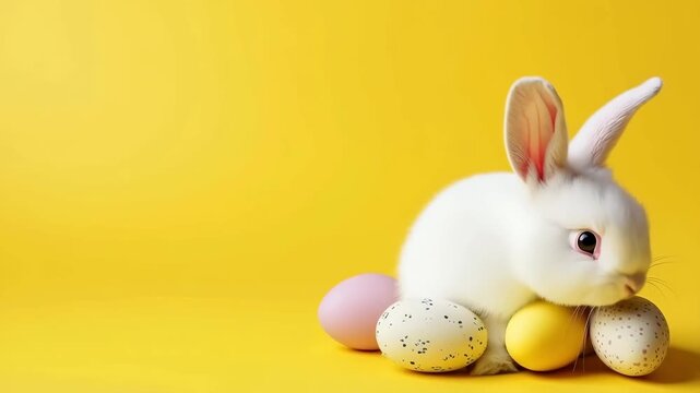 Cute white rabbit posing with various pastel easter eggs on a bright yellow background