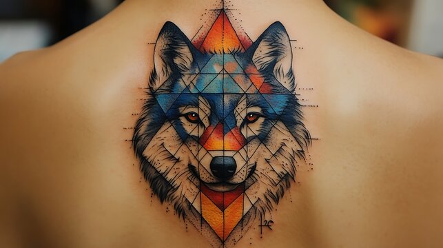 Geometric wolf tattoo on back