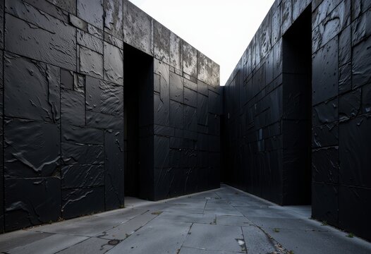 Abstract Architectural Passageway with Textured Black Panels and Narrow Sky View