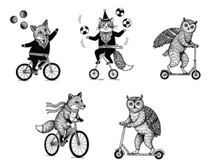 A collection of hand drawn black and white animals riding bicycles and scooters, some juggling balls and performing actions in different poses with a playful mood. © bow