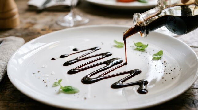 Gourmet Drizzle: A culinary artist embellishes a pristine white plate with a dark, glistening drizzle of balsamic vinegar, a testament to culinary expertise.