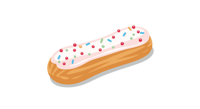 Delicious long eclair pastry with smooth pink icing and colorful sugar sprinkles isolated on a white background.