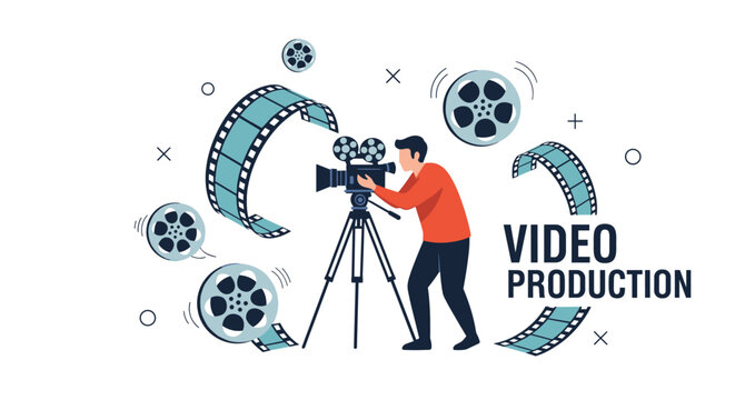 Detailed video production illustration featuring a cameraman with a movie camera film reels and movie film strips.