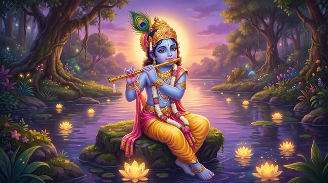 Lord krishna plays his flute in a serene, divine landscape at sunset