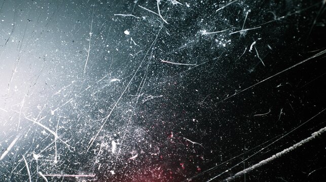 High‑angle close‑up textured backdrop of heavily scratched dusty dark film‑glass surface, scattered worm‑like white fibers, dust speckles, multi‑directional scratches, grey‑to‑black gradient