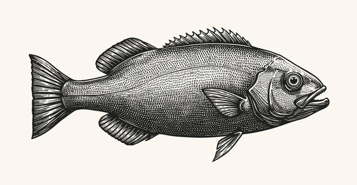 Detailed drawing of a fish with vintage engraving style on white background