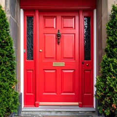 Obraz premium A bright red front door with decorative panels and trim