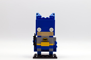 Naklejka premium Bologna - Italy - May 3, 2026: Blue lego brickheadz batman figure isolated on white.