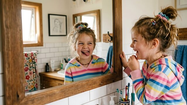 Happy girl brushing teeth and sticking tongue out at mirror with morning routine
